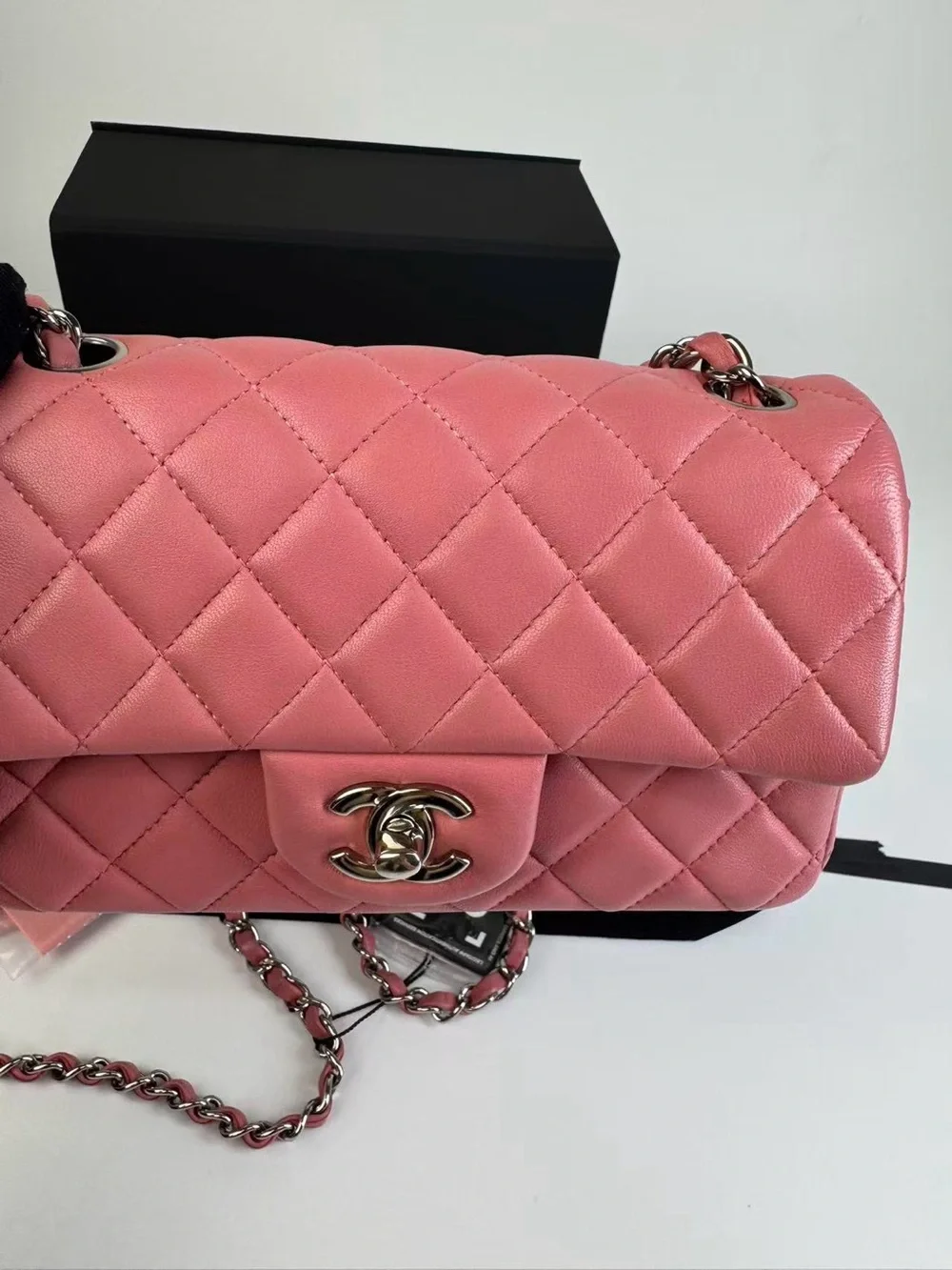 CHANEL Pink Quilted Lambskin Single Flap Shoulder Bag with Silver Chain